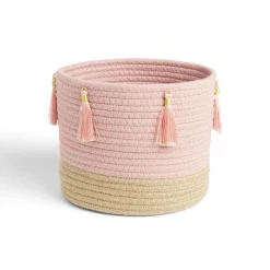 Panière naturelle jute coton beige et rose Ø22xH20cm