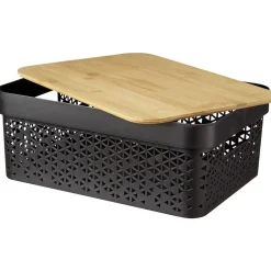Panière noire avec couvercle bambou naturel H13,5 cm