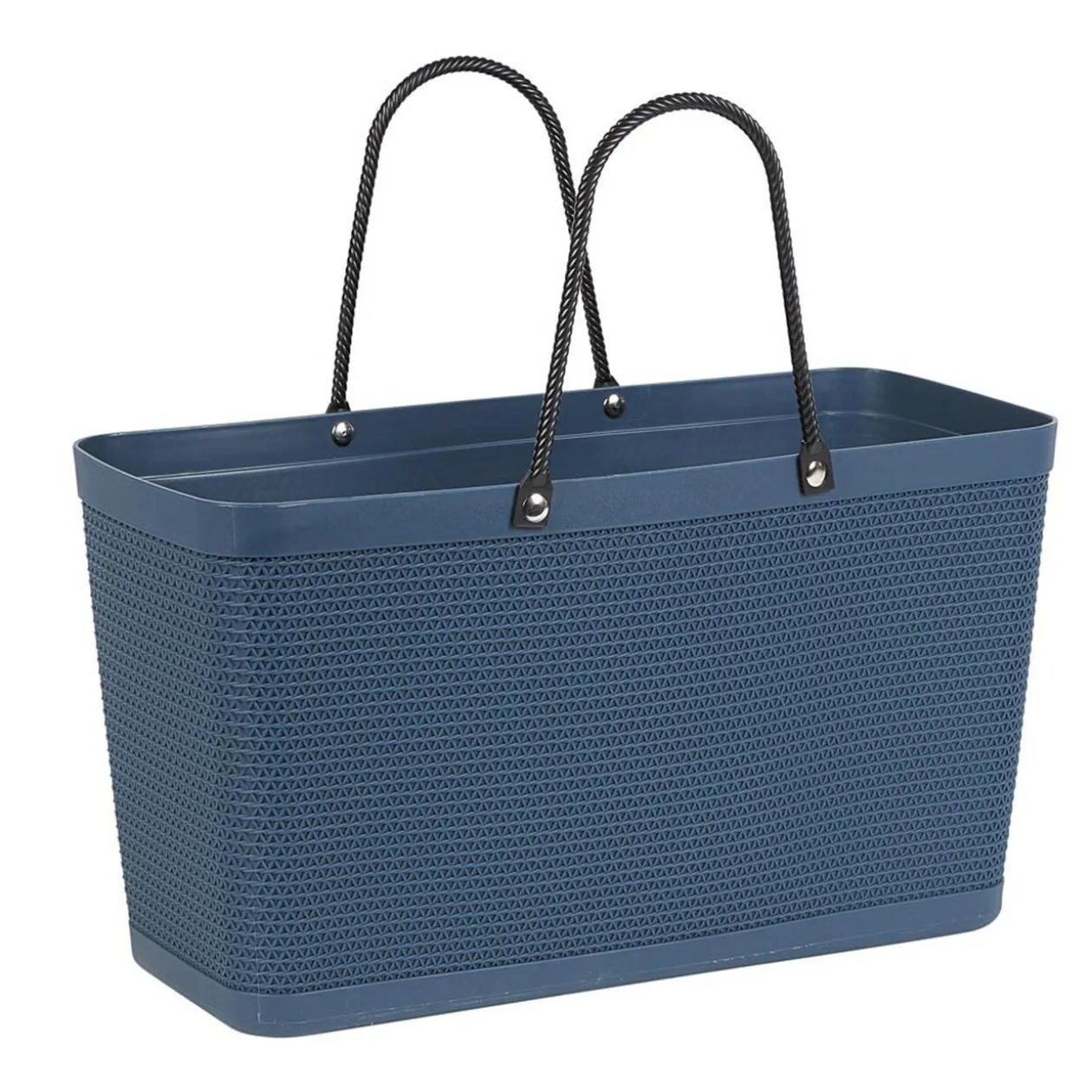 Panière plastique bleu foncé effet tressé anses noires