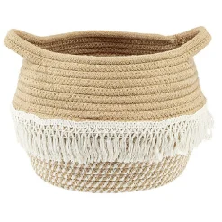 Panière ronde coton tissé naturel décor macramé Ø26xH.20 cm