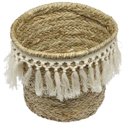 Panière ronde en jonc décor macramé Ø26 cm