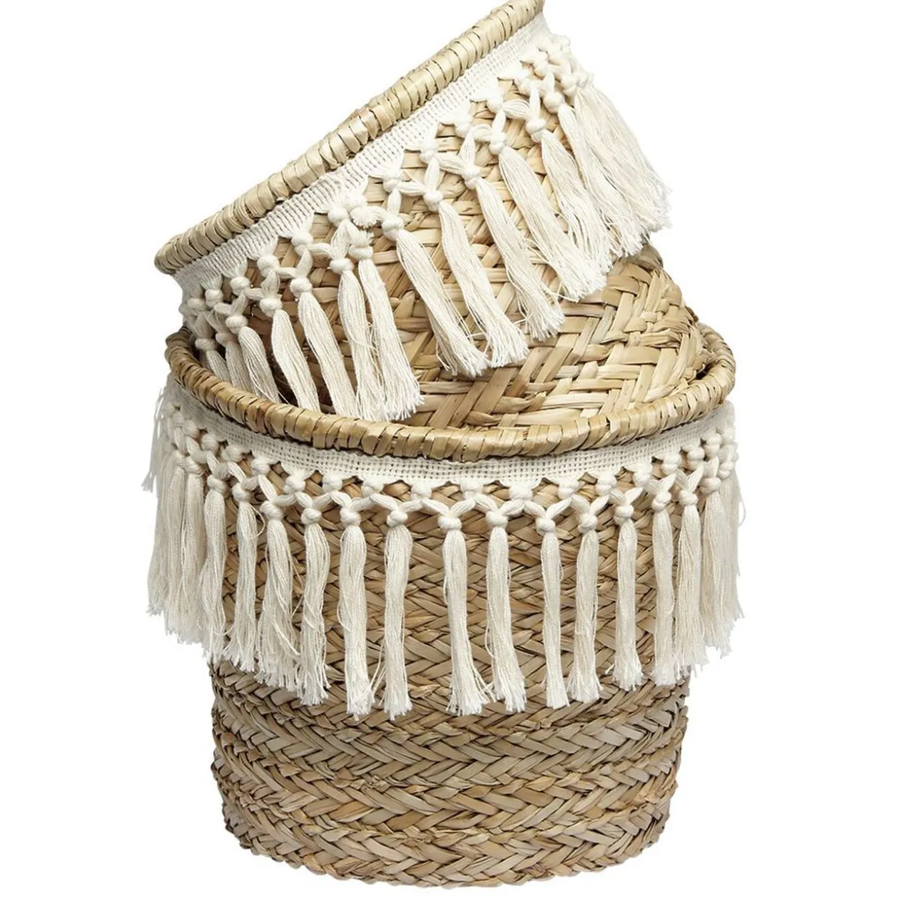 Panière ronde en jonc décor macramé Ø26 cm