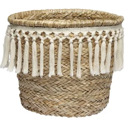 Panière ronde en jonc décor macramé Ø19 cm