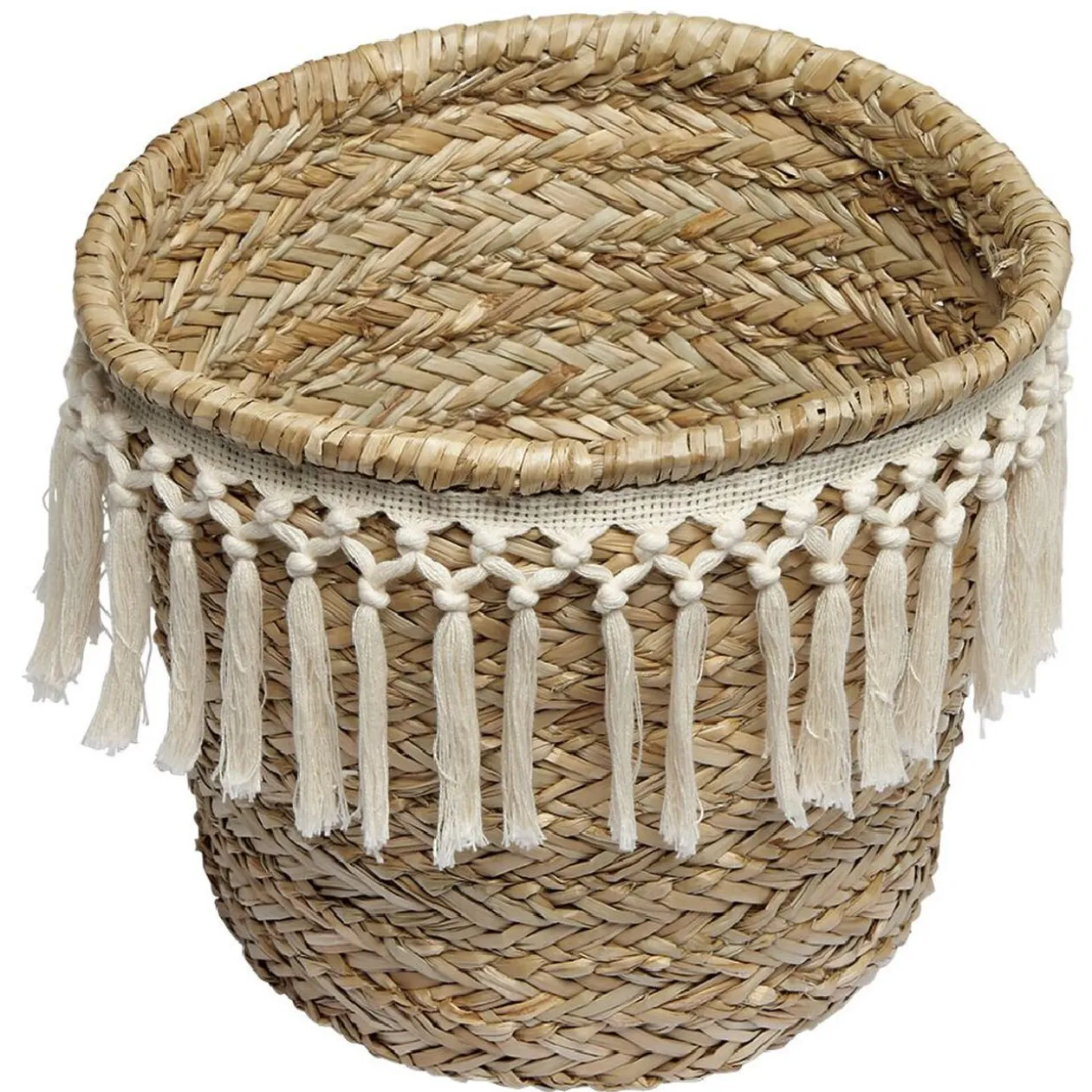 Panière ronde en jonc décor macramé Ø19 cm