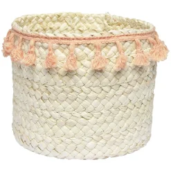 Panière ronde en jonc naturel avec pompons orange Ø19 cm