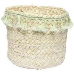 Panière ronde en jonc naturel avec pompons vert Ø19 cm