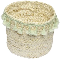 Panière ronde en jonc naturel avec pompons vert Ø19 cm