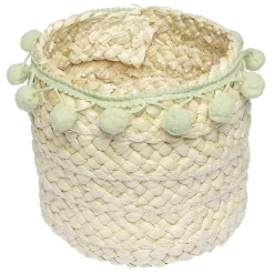 Panière ronde en jonc naturel avec pompons vert Ø16 cm