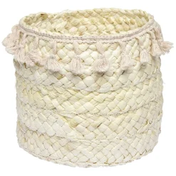 Panière ronde en jonc naturel avec pompons rose Ø19 cm