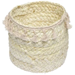 Panière ronde en jonc naturel avec pompons rose Ø19 cm