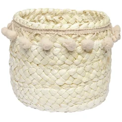 Panière ronde en jonc naturel avec pompons rose Ø16 cm