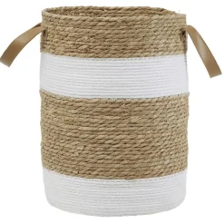 Panière ronde en jute naturel bandes blanches Ø30xH40 cm - LENA