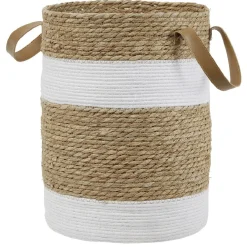 Panière ronde en jute naturel bandes blanches Ø30xH40 cm - LENA