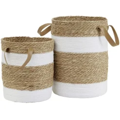 Panière ronde en jute naturel bandes blanches Ø30xH40 cm - LENA