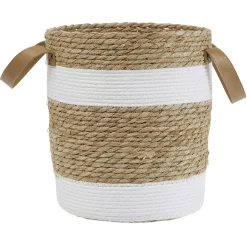 Panière ronde en jute naturel bandes blanches Ø25xH30 cm - LENA