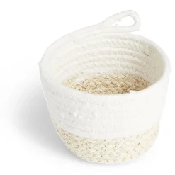 Panière tressée coton, maïs et polyester blanc et beige Ø15xH12cm