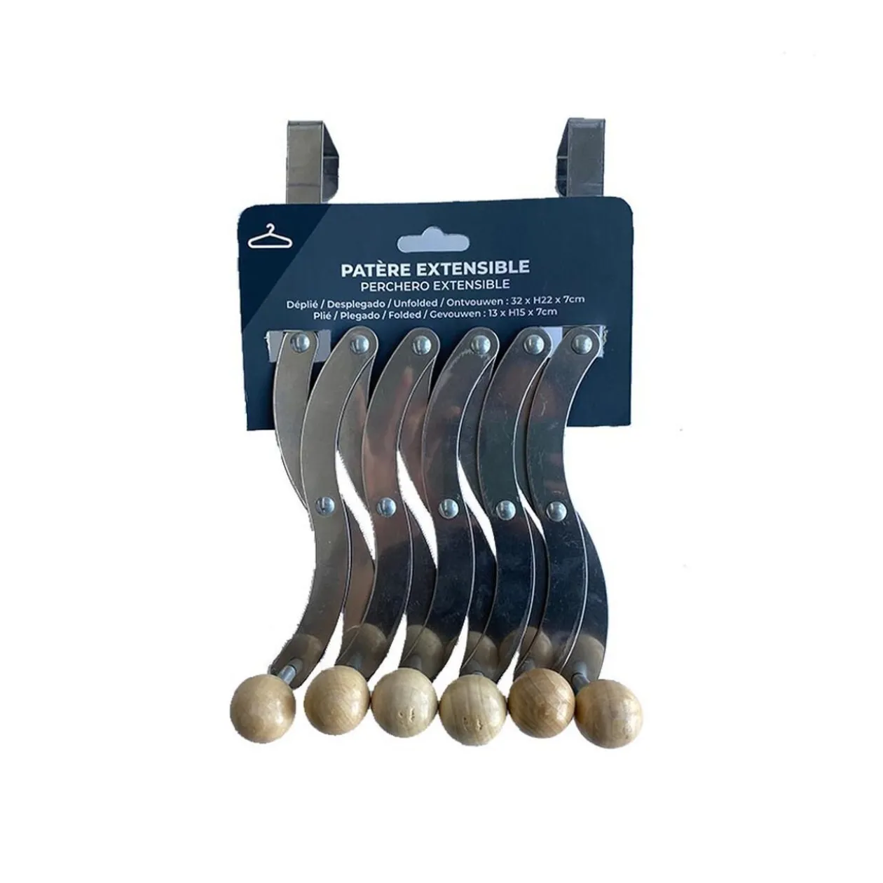 Patère extensible 6 crochets acier+bois