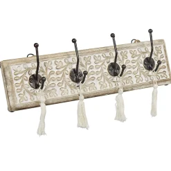 Patère manguier sculpté naturel 4 crochets avec pompons