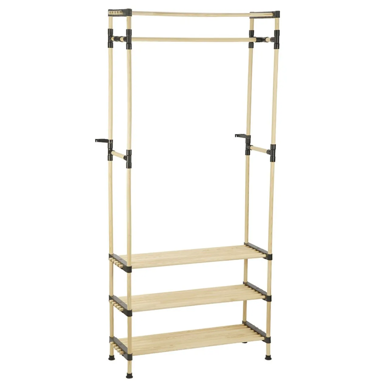 Penderie avec 3 étageres bois beige et plastique noir - 77x28xH164cm