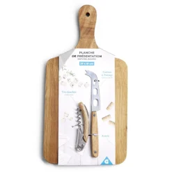 Planche de présentation avec couteau et tire-bouchon acacia 37x19cm