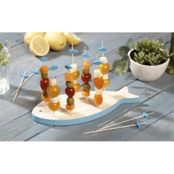 Planche support à pics apéritifs en bois forme poisson