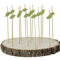 Planche support à pics apéritifs ronde en bois déco feuille