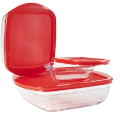 Plat en verre transparent Ôcuisine avec couvercle rouge x3