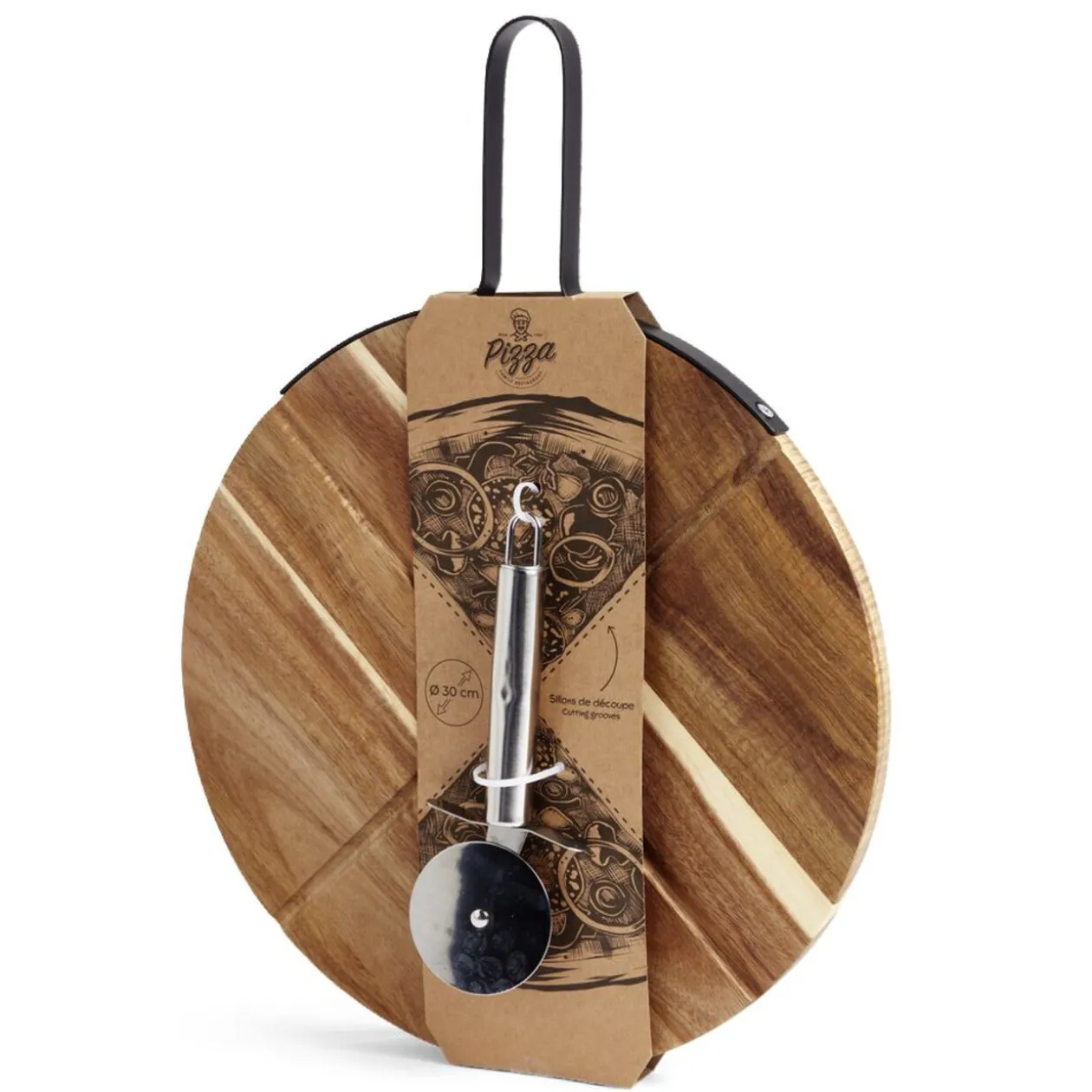 Plateau à pizza en bois avec roulette en acier