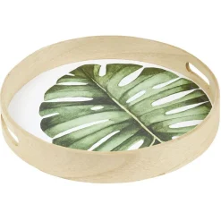 Plateau de service rond en bois motif feuille