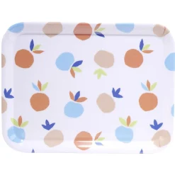 Plateau rectangulaire blanc motif fruit orange bleu plastique 29x22cm