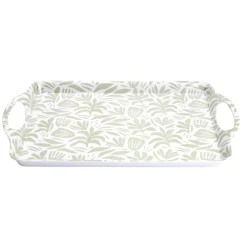 Plateau rectangulaire blanc motif feuillage vert sauge 34x50,5cm