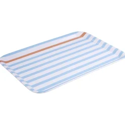 Plateau rectangulaire rayé bleu blanc liseré orange plastique 45x31cm