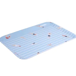 Plateau rectangulaire rayé bleu blanc motif nageur - plastique 45x31cm