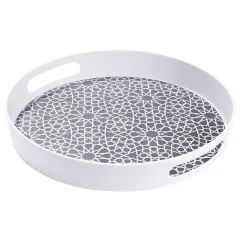 Plateau rond mélaminé motif géométrique blanc et bleu Ø34,5xH5cm