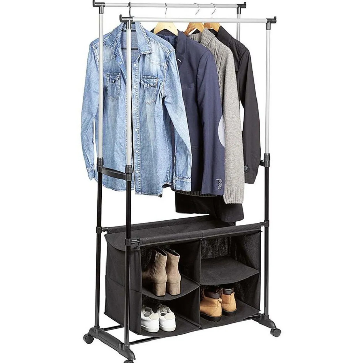 Portant à vêtements double penderie et 4 compartiments