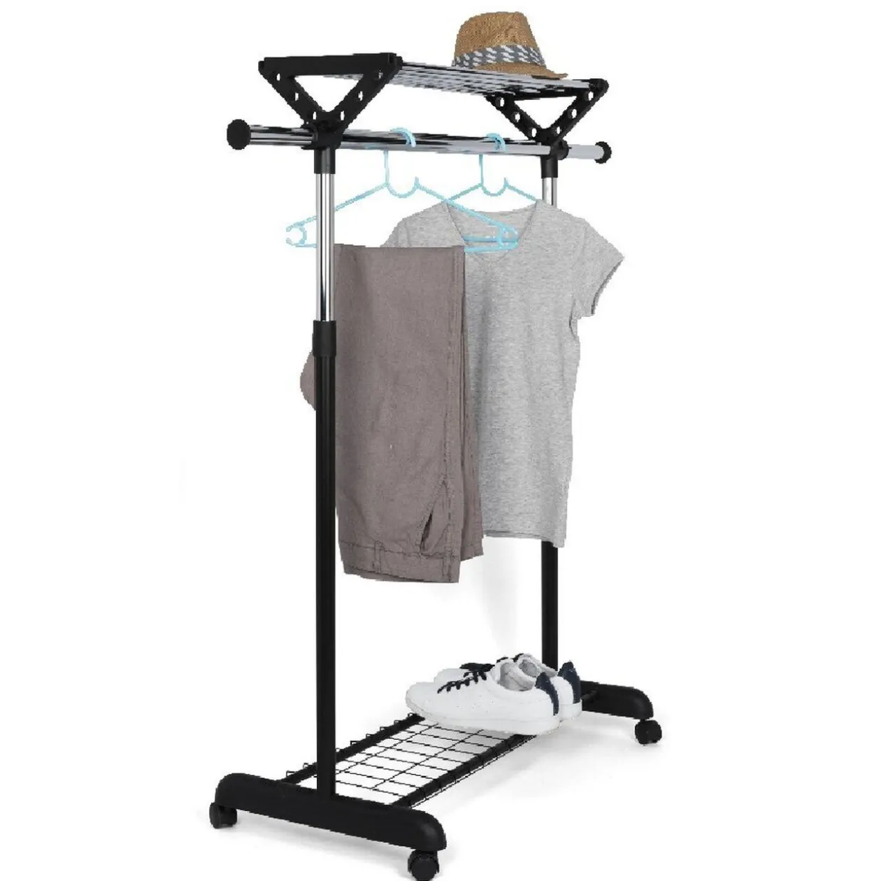 Portant vêtements à roulettes noir et gris