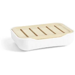 Porte-savon salle de bain bambou et plastique blanc
