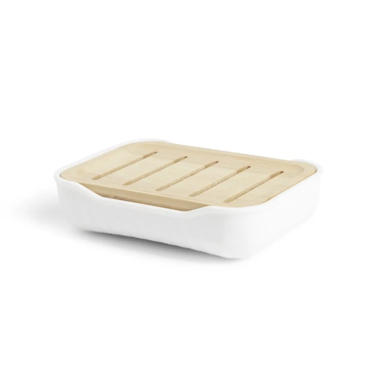 Porte-savon salle de bain bambou et plastique blanc