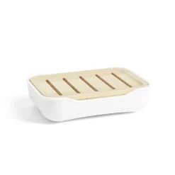 Porte-savon salle de bain bambou et plastique blanc