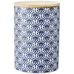 Pot en céramique à motif bleu avec couvercle en bois H14 cm