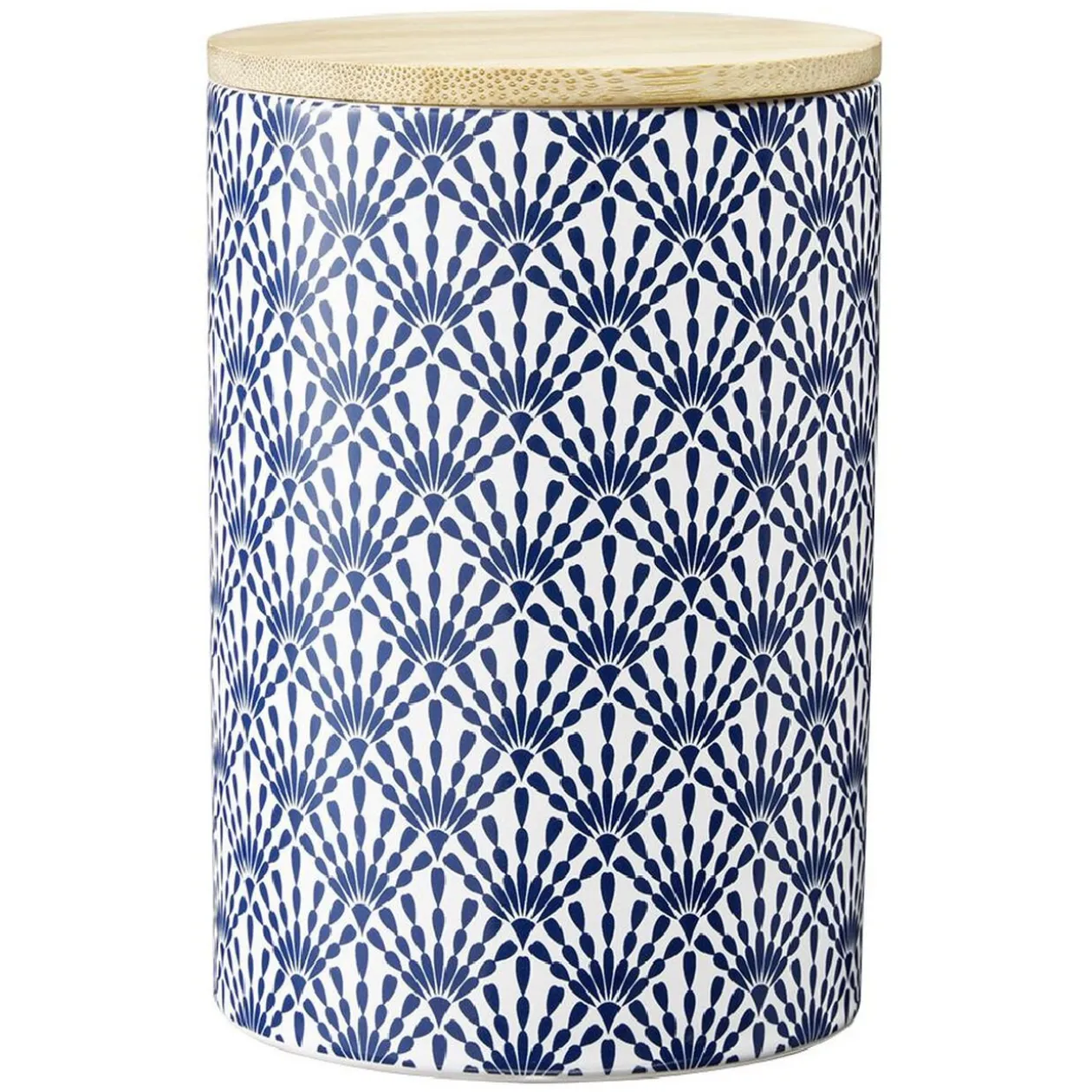 Pot en céramique à motif bleu avec couvercle en bois H14 cm