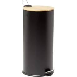 Poubelle à pédale 30L métal noir avec couvercle en bambou