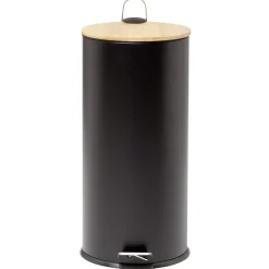 Poubelle à pédale 30L métal noir avec couvercle en bambou