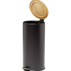 Poubelle à pédale 30L métal noir avec couvercle en bambou