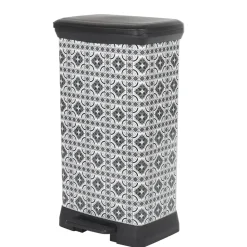 Poubelle à pédale motif carreau de ciment gris et blanc 50 L