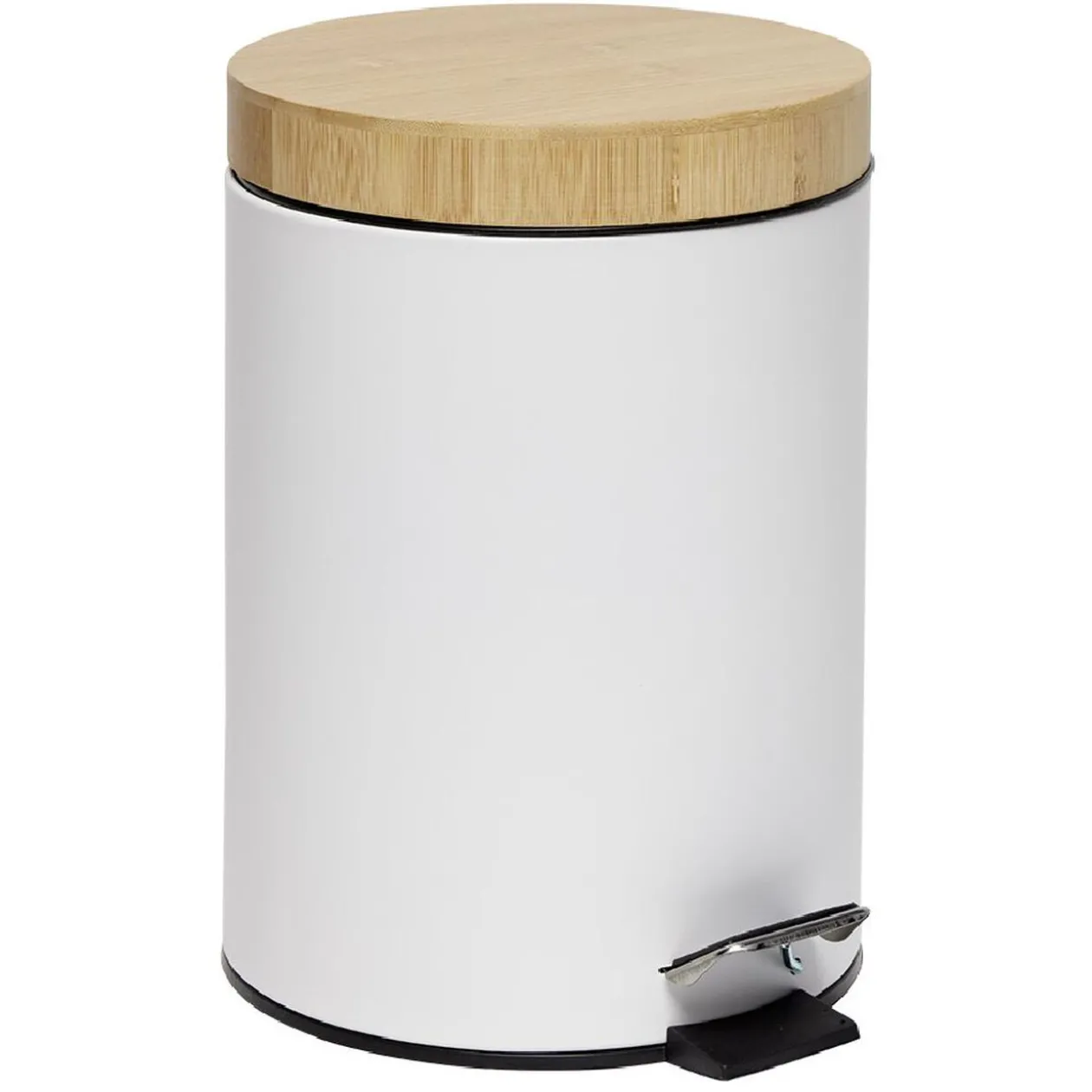 Poubelle salle de bain à pédale couvercle bambou et métal blanc 5L