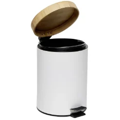 Poubelle salle de bain à pédale couvercle bambou et métal blanc 5L