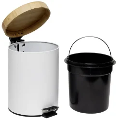 Poubelle salle de bain à pédale couvercle bambou et métal blanc 5L