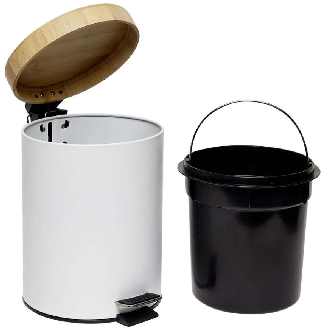 Poubelle salle de bain à pédale couvercle bambou et métal blanc 5L