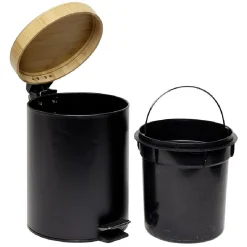 Poubelle salle de bain à pédale couvercle bambou et métal noir 5L